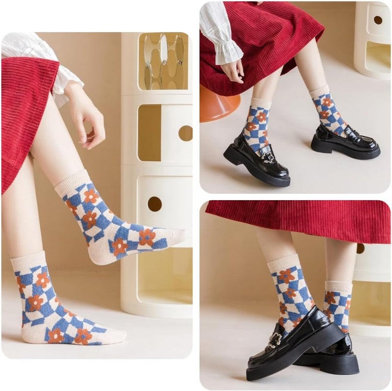 FORJMMP 5/10 Pairs Wool Socks for Women Thick Knit Vintage Cute Floral Crew Socks - Image 4